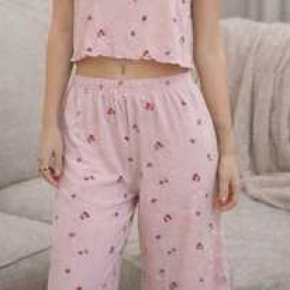 Messy Bun Just Chillin' Fruit Print Cotton Waffle Knit Lounge Pants Pajamas Pink